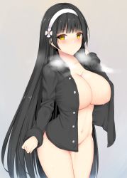 Rule 34 | 1girl, black hair, blunt bangs, blush, breasts, buttons, chixiao, cleavage, closed mouth, collarbone, commentary, flower, girls&#039; frontline, groin, hair between eyes, hairband, highres, large breasts, long hair, long sleeves, looking at viewer, naked shirt, navel, shirt, simple background, smile, solo, standing, steam, sweat, type 95 (girls&#039; frontline), very long hair, wet, white hairband, yellow eyes