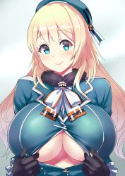 Rule 34 | 1girl, ascot, atago (kancolle), beret, black gloves, blonde hair, blue hat, breasts, commentary request, gloves, green eyes, hat, highres, huge breasts, kantai collection, large breasts, long hair, looking at viewer, military, military uniform, no bra, open clothes, rampage 2nd, simple background, solo, uniform, upper body, white ascot