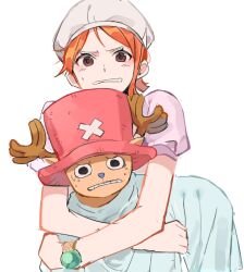 Rule 34 | 1boy, 1girl, antlers, bad id, bad twitter id, black eyes, brown eyes, clenched teeth, commentary request, cross, eyelashes, hat, horns, hug, joman, korean commentary, log pose, looking at viewer, nami (one piece), one piece, orange hair, pink shirt, puffy short sleeves, puffy sleeves, reindeer antlers, shirt, short hair, short sleeves, simple background, single sidelock, sweatdrop, teeth, tony tony chopper, white background