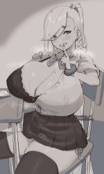 Rule 34 | 1girl, blush, bow, bowtie, bra, braid, breast rest, breasts, cellphone, chair, cleavage, cleavage reach, commentary, desk, earrings, english commentary, finger to mouth, flashing, greyscale, gyaru, hair ornament, highres, huge breasts, jewelry, lingerie, long hair, looking at viewer, magister, mole, mole on breast, mole on neck, monochrome, muchigaku, multiple moles, naughty face, open clothes, panda hair ornament, pandora smith (magister), panties, partially unbuttoned, phone, pleated skirt, ponytail, school desk, scrunchie, shushing, side-tie panties, side braid, skirt, smartphone, solo, stud earrings, sweat, thick thighs, thighhighs, thighs, underwear, very long hair, wrist scrunchie, zettai ryouiki