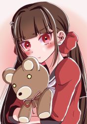 Rule 34 | 1girl, black sailor collar, blunt bangs, blush, brown hair, danganronpa (series), danganronpa v3: killing harmony, gradient background, grey background, hair ornament, harukawa maki, highres, long hair, long sleeves, looking at viewer, low twintails, mole, mole under eye, pout, red eyes, red scrunchie, red shirt, sailor collar, satori (aosky9077), school uniform, scrunchie, shirt, simple background, solo, stuffed animal, stuffed toy, teddy bear, twintails