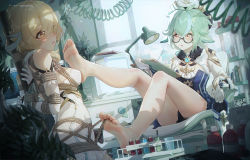 Rule 34 | 2girls, arms behind back, bare legs, barefoot, bdsm, between toes, black panties, blue dress, blush, bondage, bound, breasts, chinese commentary, clipboard, commentary request, desk, dress, english text, feet, genshin impact, glasses, gloves, green hair, highres, holding, holding clipboard, icecake, indoors, keyboard (computer), lamp, long sleeves, looking at another, looking away, lumine (genshin impact), medium breasts, monitor, multicolored hair, multiple girls, panties, parted lips, plant, red eyes, rope, short hair, sitting, soles, standing, streaked hair, sucrose (genshin impact), test tube, toes, underwear, vision (genshin impact), white dress, white gloves, yellow eyes