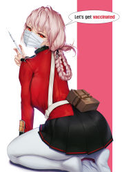 Rule 34 | 1girl, ass, barefoot, belt pouch, black skirt, blueorca, braid, braided ponytail, english text, fate/grand order, fate (series), florence nightingale (fate), from behind, highres, holding, holding syringe, jacket, kneeling, leaning forward, looking at viewer, looking back, mask, medic, military jacket, mouth mask, pantyhose, pink hair, pleated skirt, pouch, red eyes, red jacket, skirt, solo, speech bubble, surgical mask, syringe, white mask, white pantyhose