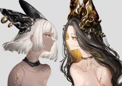 Rule 34 | 2girls, absurdres, animal ears, bare shoulders, black hair, blonde hair, bob cut, breasts, collarbone, colored inner hair, dark-skinned female, dark skin, ear piercing, extra ears, from side, gawako, hair ornament, highres, long hair, looking at another, medium breasts, multicolored hair, multiple girls, original, parted lips, piercing, profile, short hair, simple background, upper body, white background, white hair, yellow collar, yellow eyes