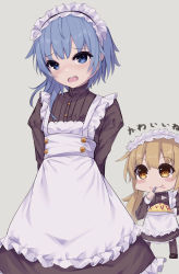 Rule 34 | 2girls, alternate costume, apron, asymmetrical hair, black dress, blonde hair, blue eyes, blue hair, commentary request, cowboy shot, dress, eating, embarrassed, enmaided, food, frilled apron, frills, highres, kantai collection, logiclr, long hair, maid, maid headdress, minazuki (kancolle), multiple girls, omelet, omurice, satsuki (kancolle), short hair, short hair with long locks, solo focus, twintails, white apron, yellow eyes