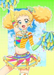 Rule 34 | 1girl, :d, aikatsu!, aikatsu! (series), arm up, armpits, blonde hair, blue eyes, blue sky, blush, border, bow, cheering, cheerleader, cloud, cloudy sky, collarbone, commentary, cowboy shot, crop top, day, detached sleeves, earrings, gradient border, green border, hair bow, highres, holding, holding pom poms, idol, jewelry, kurorook, midriff, multicolored border, multicolored bow, multicolored clothes, multicolored skirt, navel, necklace, open mouth, outline, polka dot border, pom pom (cheerleading), pom poms, saegusa kii, shiny skin, single bare shoulder, single detached sleeve, single thighhigh, skirt, sky, smile, solo, stomach, striped choker, thighhighs, twintails, white outline, yellow border