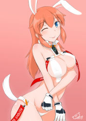 Rule 34 | 1girl, absurdres, blue eyes, blush, breasts, charlotte e. yeager, cleavage, covered erect nipples, gloves, highres, kukoroko, large breasts, long hair, looking at viewer, one eye closed, orange hair, panties, pink background, rabbit ears, rabbit girl, rabbit tail, simple background, smile, solo, strike witches, tongue, tongue out, underwear, white gloves, white panties, world witches series
