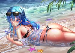 Rule 34 | 1girl, alternate costume, ass, beach, bikini, black bikini, blue eyes, blue hair, blush, breasts, closed mouth, day, earrings, eyelashes, eyewear on head, feet out of frame, from side, hair between eyes, hand up, head rest, highres, hololive, hoshimachi suisei, jagoo, jewelry, long hair, looking at viewer, lying, ocean, off shoulder, on stomach, outdoors, sand, see-through, see-through shirt, shiny skin, shirt, sidelocks, small breasts, smile, solo, star (symbol), star in eye, starfish, sunglasses, swimsuit, symbol in eye, thighs, variant set, virtual youtuber, water, wet, wet clothes, wet shirt