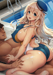 Rule 34 | 1boy, 1girl, ass, atago (kancolle), blonde hair, blue one-piece swimsuit, breasts, competition swimsuit, covered erect nipples, faceless, faceless male, full body, girl on top, green eyes, hetero, highleg, highleg swimsuit, highres, kantai collection, kekocha, large breasts, long hair, one-piece swimsuit, open mouth, pool, pool ladder, poolside, smile, straddling, swimsuit, tareme, water, wet, wet clothes, wet swimsuit