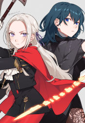 Rule 34 | 2girls, axe, back-to-back, black jacket, black shorts, blue eyes, blue hair, byleth (female) (fire emblem), byleth (fire emblem), commentary, cowboy shot, edelgard von hresvelg, fire emblem, fire emblem: three houses, garreg mach monastery uniform, grey background, hair ribbon, highres, holding, holding axe, holding weapon, jacket, juliet sleeves, long hair, long sleeves, looking at viewer, multiple girls, nintendo, pantyhose, peach11 01, puffy sleeves, purple eyes, purple ribbon, red pantyhose, ribbon, shorts, sidelocks, simple background, standing, sword of the creator, v-shaped eyebrows, very long hair, weapon, white hair