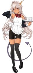 Rule 34 | 1girl, absurdres, apron, armpits, bike shorts, black footwear, black thighhighs, bow, bowtie, cameltoe, dark-skinned female, dark skin, demon tail, detached sleeves, dragon girl, enjo kouhai, full body, grey hair, highres, horns, long hair, looking at viewer, maid, maid headdress, pointy ears, shoes, smile, solo, tail, takunomi, thighhighs, tray, ursula (takunomi), very long hair, white background