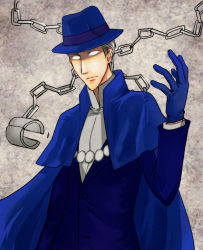 Rule 34 | 1boy, chain, coat, cuffs, dc comics, fedora, formal, gloves, glowing, glowing eyes, grey hair, hat, jewelry, magic, male focus, necklace, petri, phantom stranger, shackles, solid eyes, solo, suit, trench coat