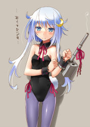 Rule 34 | 10s, 1girl, bare shoulders, blue eyes, blush, rabbit tail, playboy bunny, cowboy shot, crescent, crescent hair ornament, detached collar, hair ornament, kantai collection, katahira masashi, leotard, long hair, looking at viewer, pantyhose, personification, short hair with long locks, silver hair, solo, tail, translated, wrist cuffs, yayoi (kancolle)