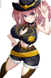 1girl alternate_costume atlanta_(kancolle) badge belt black_hat black_panties black_shirt black_shorts breasts brown_belt brown_hair chamumi_(mochiumee) cowboy_hat cowboy_western crop_top earrings feet_out_of_frame grey_eyes hat highleg highleg_panties highres index_finger_raised jewelry kantai_collection large_breasts long_hair midriff navel panties sheriff_(western) sheriff_badge shirt shorts simple_background sleeveless sleeveless_shirt solo star_(symbol) star_earrings twitter_username two_side_up underwear white_background