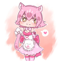 Rule 34 | 1girl, apron, arms behind back, back bow, bare shoulders, bow, bowtie, chai chai huishi, cowboy shot, detached collar, frilled apron, frilled bow, frills, hair between eyes, heart, high-waist skirt, highres, japari symbol, kemono friends, panther ears, panther girl, panther tail, peach panther (kemono friends), pink bow, pink bowtie, pink hair, pink shirt, pink skirt, pink thighhighs, shirt, short hair, sidelocks, skirt, sleeveless, solo, spoken heart, tail, tail bow, tail ornament, thighhighs, white apron, yellow eyes, zettai ryouiki