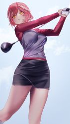 Rule 34 | 1girl, absurdres, aragiken, bird girl, black skirt, breasts, commentary, covered navel, crosshair pupils, golf, golf club, grey shirt, hair wings, head wings, highres, hololive, medium breasts, medium hair, midriff peek, multicolored shirt, open mouth, pink hair, red shirt, shirt, skirt, solo, takane lui, taut clothes, thighs, virtual youtuber, white background, wings
