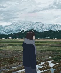 Rule 34 | 1girl, ame (amemgmgmg), arms at sides, blue jacket, brown hair, building, closed mouth, cloud, cloudy sky, cowboy shot, field, from side, grey scarf, highres, hood, hood down, hooded jacket, jacket, mittens, mountain, mountainous horizon, original, outdoors, profile, scarf, scenery, sky, snow, solo