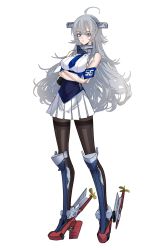 Rule 34 | 1girl, :&lt;, ahoge, anno88888, black pantyhose, blue eyes, blue necktie, breasts, closed mouth, crossed arms, full body, grey hair, headgear, highres, kantai collection, large breasts, long hair, looking at viewer, necktie, pantyhose, pleated skirt, rudder footwear, simple background, skirt, sleeveless, solo, standing, washington (kancolle), white background, white skirt