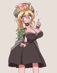 Rule 34 | 1girl, bare shoulders, blush, borrowed character, bowsette, bracelet, breasts, collar, crown, dress, highres, horns, jewelry, mario (series), new super mario bros. u deluxe, nintendo, ponytail, solo, spiked bracelet, spiked collar, spikes, super crown, super mario bros. 1, teeth