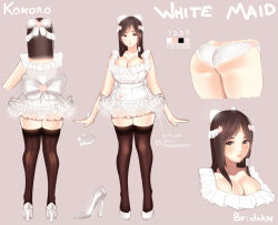 Rule 34 | 1girl, alternate costume, apron, ass, back-seamed legwear, black hair, breasts, brown eyes, brown hair, character sheet, cleavage, dead or alive, dead or alive 5, dskn, enmaided, high heels, kokoro (doa), large breasts, lips, long hair, maid, maid apron, panties, parted bangs, seamed legwear, solo, tecmo, thighhighs, underwear, white panties, zettai ryouiki