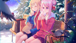 Rule 34 | 2girls, :o, ^ ^, bag, baozi, bench, bird, black skirt, blonde hair, blue sweater, blurry, blurry foreground, blush, bow, bush, closed eyes, closed mouth, commentary request, day, depth of field, double bun, duck hair ornament, facing viewer, feet out of frame, fence, food, fur-trimmed jacket, fur trim, hair bow, hair bun, highres, himehina channel, holding, holding food, jacket, long hair, multiple girls, on bench, outdoors, park bench, parted lips, pink hair, plant, pleated skirt, pos2457564744, purple eyes, purple skirt, red bow, red jacket, red scarf, scarf, shopping bag, sitting, skirt, sleeves past wrists, smile, snow, snowing, steam, suzuki hina, sweater, swept bangs, tanaka hime, two-handed, virtual youtuber, winter