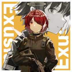 Rule 34 | 1girl, alternate costume, arknights, black gloves, border, brown eyes, character name, commentary, exusiai (arknights), exusiai (wild operation) (arknights), gloves, grey jacket, gun, hair over one eye, halo, highres, holding, holding gun, holding weapon, jacket, long sleeves, multiple views, official alternate costume, red hair, short hair, simple background, upper body, weapon, white border, yellow background, yuuki mix