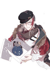 Rule 34 | 1boy, arknights, black hat, box, breath, coat, electric kettle, elysium (arknights), elysium (snowy echo) (arknights), flat cap, glasses, grey hair, grin, hat, highres, holding, holding box, kettle, long sleeves, male focus, multicolored hair, rectangular eyewear, red hair, short hair with long locks, smile, snowing, solo, sparkle, streaked hair, upper body, white background, white coat, white hair, xiandao1213