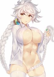 Rule 34 | 1girl, absurdly long hair, alternate costume, asymmetrical hair, bad id, bad pixiv id, blouse, braid, breasts, covered erect nipples, cowboy shot, gluteal fold, hair between eyes, hair censor, hair ornament, jitome, kantai collection, large breasts, long hair, looking at viewer, navel, no panties, parted lips, partially visible vulva, pokoten (pokoten718), pussy, shirt, silver hair, single braid, solo, thighhighs, thighs, underboob, unryuu (kancolle), very long hair, white shirt, white thighhighs, yellow eyes