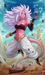 1girl android_21 bandeau bare_shoulders black_sclera bracelet breasts cleavage colored_sclera colored_skin cupcake detached_sleeves dragon_ball dragon_ball_fighterz earrings female_focus food full_body harem_pants highres jewelry long_hair looking_up majin_android_21 medium_breasts nail_polish navel pants pencilequipped pink_skin red_eyes solo tail white_hair