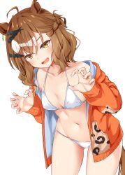 Rule 34 | 1girl, absurdres, ahoge, alternate costume, animal ears, bare shoulders, bikini, blush, braid, breasts, brown eyes, brown hair, claw pose, collarbone, ear ornament, earrings, hair ornament, hairclip, highres, horse ears, horse girl, horse tail, jacket, jewelry, jungle pocket (umamusume), long sleeves, looking at viewer, medium breasts, medium hair, navel, notched ear, open clothes, open jacket, open mouth, paw pose, ryochapu, simple background, single earring, small breasts, solo, swimsuit, tail, umamusume, white background, white bikini, x hair ornament, yellow eyes
