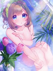 Rule 34 | 1girl, :o, ahoge, arm under breasts, bathing, bathroom, bathtub, bbbannooo, blue eyes, blush, breast hold, breasts, brown hair, cleavage, collarbone, fingernails, flower, from above, glass, hair ornament, hairclip, hand on own arm, headdress, heart, highres, idolmaster, idolmaster cinderella girls, indoors, knees up, leaf, looking at viewer, medium breasts, messy hair, nail polish, nude, outstretched arm, partially submerged, pink flower, pink nails, plant, purple flower, purple tulip, sato shin, sitting, solo, sunlight, tile wall, tiles, tulip, v, vase, vines, water, wet, window