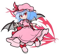Rule 34 | 1girl, bat wings, blue hair, bow, closed mouth, fang, footwear bow, full body, hat, hat ribbon, looking at viewer, parody, pink footwear, pink hat, pink shirt, pink skirt, puyopuyo, red bow, red eyes, red ribbon, remilia scarlet, ribbon, shinmon akika, shirt, short hair, short sleeves, simple background, skirt, smile, solo, spear the gungnir, style parody, touhou, white background, wings