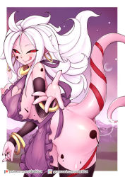 Rule 34 | 1girl, android 21, apron, ass, black sclera, bracelet, breasts, chocolate, cleavage, cleavage cutout, clothing cutout, colored sclera, colored skin, darklux, dragon ball, dragon ball fighterz, earrings, heart cutout, jewelry, large breasts, long hair, majin android 21, nail polish, naked apron, naughty face, nipples, pink skin, pussy juice, red eyes, ribbon, solo, tail, thighhighs, tongue, tongue out, white hair
