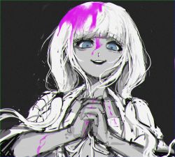 Rule 34 | 1girl, black background, blood, blood in hair, blood on hands, blunt bangs, collarbone, danganronpa (series), danganronpa v3: killing harmony, grey eyes, jacket, long hair, looking at viewer, open mouth, own hands clasped, own hands together, pink blood, sketch, smile, spot color, suzumetarou, teeth, upper body, upper teeth only, yonaga angie