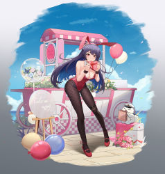 Rule 34 | 1girl, absurdres, animal ears, balloon, black hair, black pantyhose, blue sky, bow, bowtie, breasts, cart, cleavage, cloud, creature, day, detached collar, fishnet pantyhose, fishnets, flower, full body, highres, horizon, l.bou, large breasts, leotard, looking at viewer, ocean, original, outdoors, pantyhose, playboy bunny, rabbit ears, rabbit tail, red eyes, red footwear, red leotard, rose, sky, strapless, strapless leotard, tail, wrist cuffs