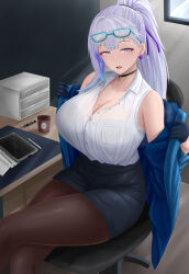 Rule 34 | 1girl, absurdres, archstreal, bare shoulders, black choker, black skirt, blue eyes, blue gloves, blue hair, blue jacket, breast pocket, breasts, brown pantyhose, choker, cleavage, collarbone, collared shirt, commentary, crossed legs, earrings, english commentary, eyewear on head, glasses, gloves, highres, indoors, jacket, jewelry, large breasts, long hair, looking at viewer, miniskirt, mole, mole under eye, multicolored hair, necklace, off shoulder, office lady, open clothes, open jacket, open mouth, original, pantyhose, pocket, ponytail, shirt, shirt tucked in, sitting, skirt, solo, star (symbol), star earrings, streaked hair, strealia rinne (archstreal), teacher, thighs, white shirt