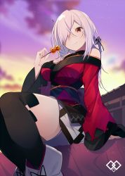 Rule 34 | 1girl, :t, benio (dontsugel), black kimono, black ribbon, black thighhighs, boots, breasts, closed mouth, dango, doumeki-chan (nmaaaaa), doumeki (benio), doumeki (nmaaaaa), eating, food, hair over one eye, hair ribbon, hand up, highres, holding, holding food, japanese clothes, kimono, large breasts, legs together, long hair, looking at viewer, mole, mole under eye, multicolored clothes, multicolored kimono, nmaaaaa, obi, original, outdoors, red eyes, red kimono, ribbon, sash, sitting, solo, thighhighs, thighs, wagashi, white hair