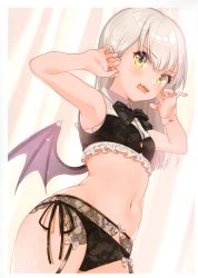 Rule 34 | 1girl, absurdres, armpits, arms up, bare arms, bare shoulders, black bow, black bowtie, black panties, black shirt, blush, bow, bowtie, breasts, claw pose, collared shirt, cowboy shot, crop top, demon girl, demon wings, fang, frills, garter belt, green eyes, highres, lingerie, long hair, looking at viewer, nail polish, navel, open mouth, original, panties, red nails, scan, shigure ui, shirt, side-tie panties, silver hair, sleeveless, sleeveless shirt, small breasts, solo, stomach, underwear, wavy mouth, wings