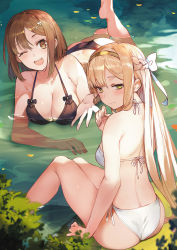 2girls ;d ass atelier_(series) atelier_ryza atelier_ryza_1 barefoot bikini black_bikini blonde_hair blush bow braid breasts brown_hair cleavage from_behind hair_bow hair_ornament hair_ribbon hairband hairclip halterneck highres klaudia_valentz large_breasts looking_back lying medium_breasts multiple_girls navel non-web_source official_art on_stomach one_eye_closed open_mouth outdoors reisalin_stout ribbon short_hair side-tie_bikini_bottom side_braid sidelocks sitting smile string_bikini swimsuit the_pose toridamono white_bikini