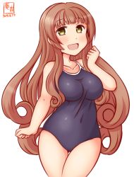 Rule 34 | 1girl, alternate costume, artist logo, blue one-piece swimsuit, blunt bangs, breasts, brown hair, collarbone, commentary request, competition school swimsuit, covered navel, cowboy shot, dated, eyebrows hidden by hair, green eyes, helena (kancolle), kanon (kurogane knights), kantai collection, large breasts, long hair, looking at viewer, one-hour drawing challenge, one-piece swimsuit, school swimsuit, simple background, solo, swimsuit, thigh gap, white background