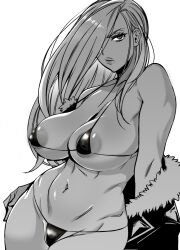 Rule 34 | 1girl, areola slip, bare shoulders, bikini, breasts, chokukame, cleavage, covered erect nipples, fullmetal alchemist, fur trim, glaring, greyscale, hair over one eye, large breasts, long hair, micro bikini, monochrome, navel, off shoulder, olivier mira armstrong, simple background, solo, swimsuit, white background