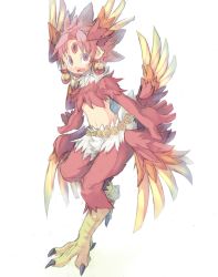 Rule 34 | 1girl, 4138, bad id, bad pixiv id, earrings, feather hair, feathered wings, feathers, forehead jewel, harpy, jewelry, midriff, monster girl, original, red eyes, red hair, solo, talons, winged arms, wings
