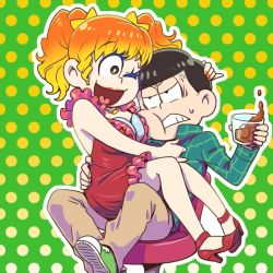 Rule 34 | 10s, 2boys, ;d, anger vein, angry, blonde hair, breast padding, brothers, brown hair, crossdressing, cup, dress, drinking glass, fukai (yas lions), green background, heart, heart in mouth, high heels, jewelry, lipstick, makeup, male focus, matsuno choromatsu, matsuno jyushimatsu, multiple boys, necklace, one eye closed, open mouth, osomatsu-kun, osomatsu-san, osomatsu (series), plaid, plaid shirt, polka dot, polka dot background, shirt, siblings, simple background, sitting, sitting on person, smile, stool, sweatdrop, twintails, wig