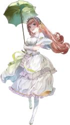 Rule 34 | 1girl, :d, atelier (series), atelier lydie &amp; suelle, boots, breasts, brown eyes, brown hair, curly hair, dress, frilled dress, frilled hairband, frills, full body, gloves, gown, green umbrella, hairband, holding, holding umbrella, honnete malen, long hair, looking at viewer, official art, open mouth, parasol, short sleeves, smile, solo, standing, transparent background, umbrella, white dress, white footwear, white gloves, wide sleeves, yuugen