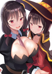 Rule 34 | 2girls, absurdres, between breasts, black choker, blush, bound, bound arms, bow, breast envy, breasts, brown hair, choker, closed mouth, collarbone, collared dress, dress, flat chest, frown, hair between eyes, hat, highres, kono subarashii sekai ni shukufuku wo!, large breasts, looking at viewer, megumin, multiple girls, necktie, open mouth, red bow, red eyes, robe, standing, teeth, upper teeth only, white background, witch hat, yunyun (konosuba), zotari