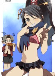 Rule 34 | ;d, ace attorney, bikini, black hair, black male swimwear, black swim trunks, blouse, chibi, corn, eating, food, grey hair, grin, hair intakes, hand up, holding, holding food, kay faraday, key hair ornament, male swimwear, miles edgeworth, mismatched bikini, one eye closed, open clothes, open mouth, open shirt, outside border, parted bangs, ponytail, red shirt, scarf, shirt, smile, solo focus, swim trunks, swimsuit, v, wahootarou