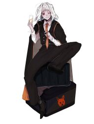 Rule 34 | 1girl, black cape, black pants, black vest, cape, collared shirt, grin, hair intakes, library of ruina, medium hair, myo (project moon), necktie, one eye closed, orange necktie, pants, project moon, red eyes, shirt, simple background, sitting, smile, solo, vest, vvindyday, white background, white hair, white shirt