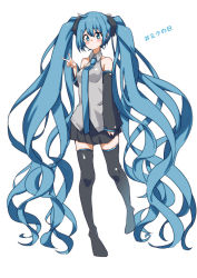 Rule 34 | 1girl, 3774., absurdly long hair, aqua eyes, aqua hair, aqua necktie, bare shoulders, black skirt, black sleeves, black thighhighs, blush, commentary, detached sleeves, full body, grey shirt, hair ornament, hand up, hashtag, hatsune miku, highres, long hair, looking at viewer, miniskirt, necktie, pleated skirt, raised eyebrow, shirt, skirt, sleeveless, sleeveless shirt, solo, standing, thighhighs, translated, twintails, v, very long hair, vocaloid, zettai ryouiki