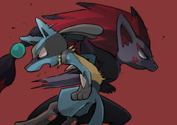 Rule 34 | 2boys, animal ears, animal feet, animal hands, arm at side, beads, black fur, black hair, blue eyes, blue fur, body fur, claws, closed mouth, colored tips, constricted pupils, creatures (company), fang, from side, furry, furry male, game freak, gen 4 pokemon, gen 5 pokemon, gerigoo, hair beads, hair ornament, hand up, highres, long hair, lucario, male focus, multicolored fur, multicolored hair, multiple boys, nintendo, open mouth, pawpads, pokemon, pokemon (creature), profile, punching, red eyes, red hair, running, saliva, snout, spikes, stomach punch, tail, two-tone hair, very long hair, wolf boy, wolf ears, wolf tail, yellow fur, zoroark