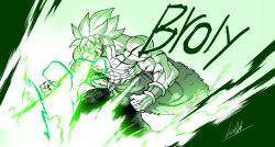 Rule 34 | 1boy, broly (dragon ball super), character name, clenched hands, cross scar, dragon ball, dragon ball super, fingernails, glowing, glowing eyes, green theme, highres, male focus, monochrome, motion lines, muscular, muscular male, no pupils, open mouth, scar, scar on chest, scar on face, signature, solo, spiked hair, teeth, topless male, torn, torn clothes, zone luch